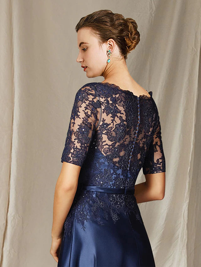 A-Linien-Kleid für die Brautmutter, Übergröße, elegant, Rundhalsausschnitt, bodenlang, Spitze, Charmeuse, kurze Ärmel, mit Schleifenapplikationen